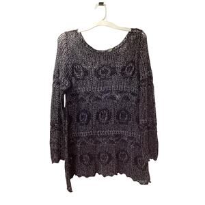 Jeanne Pierre Shimmer Crochet Open Knit‎ Semi Sheer Goth Sweater Black Large